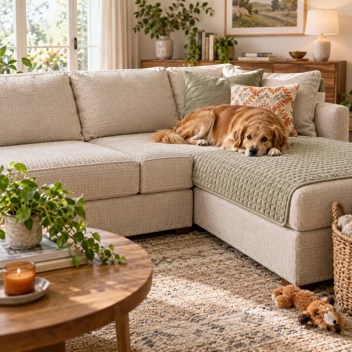 Dog resting on a sectional protected by fitted covers and a sofa mat