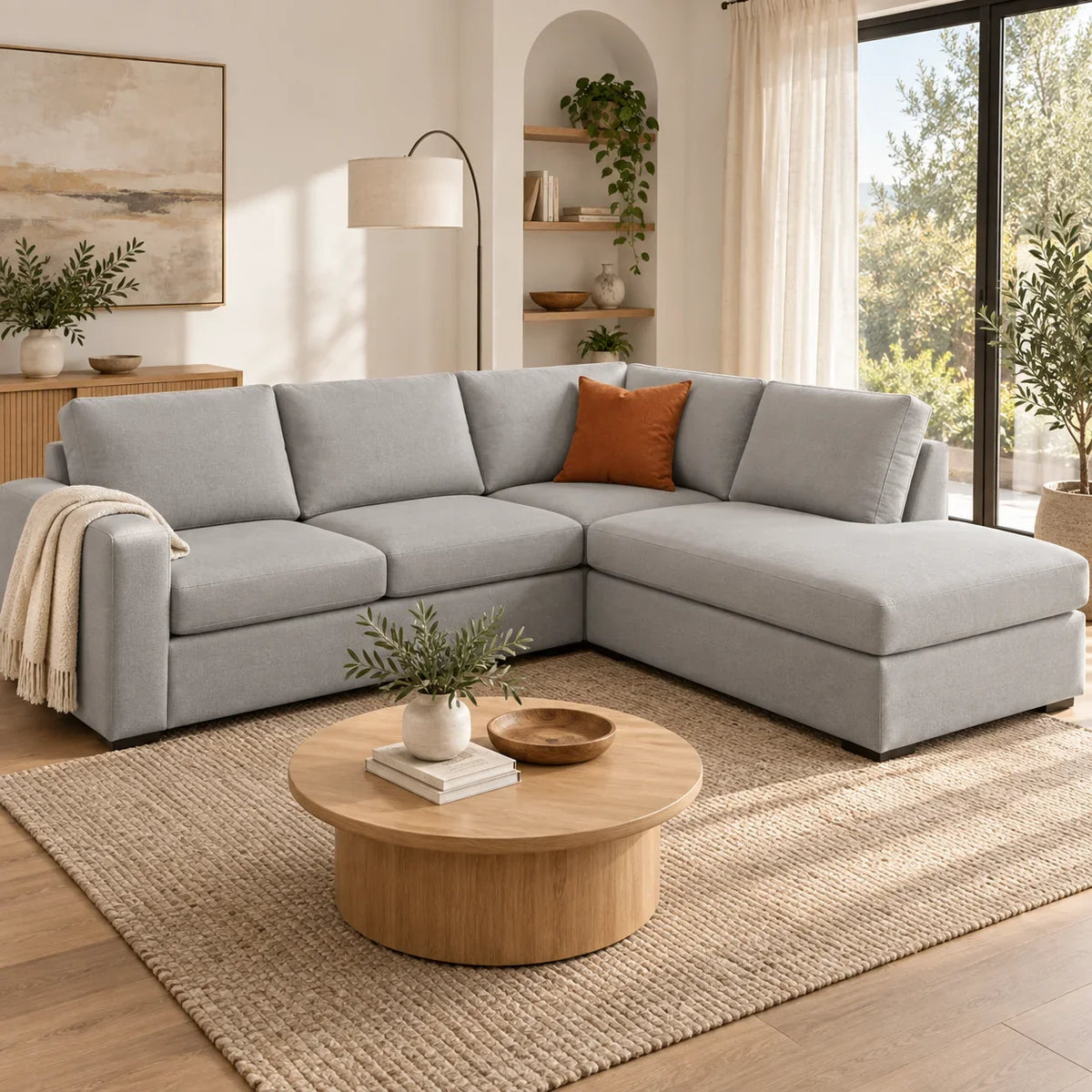 L-shaped sectional with fitted light gray cushion covers and chaise