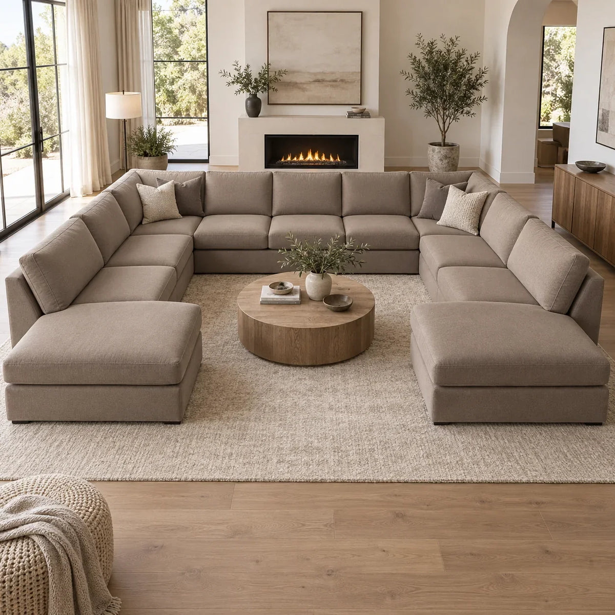 Large U-shaped modular sectional with fitted taupe cushion covers