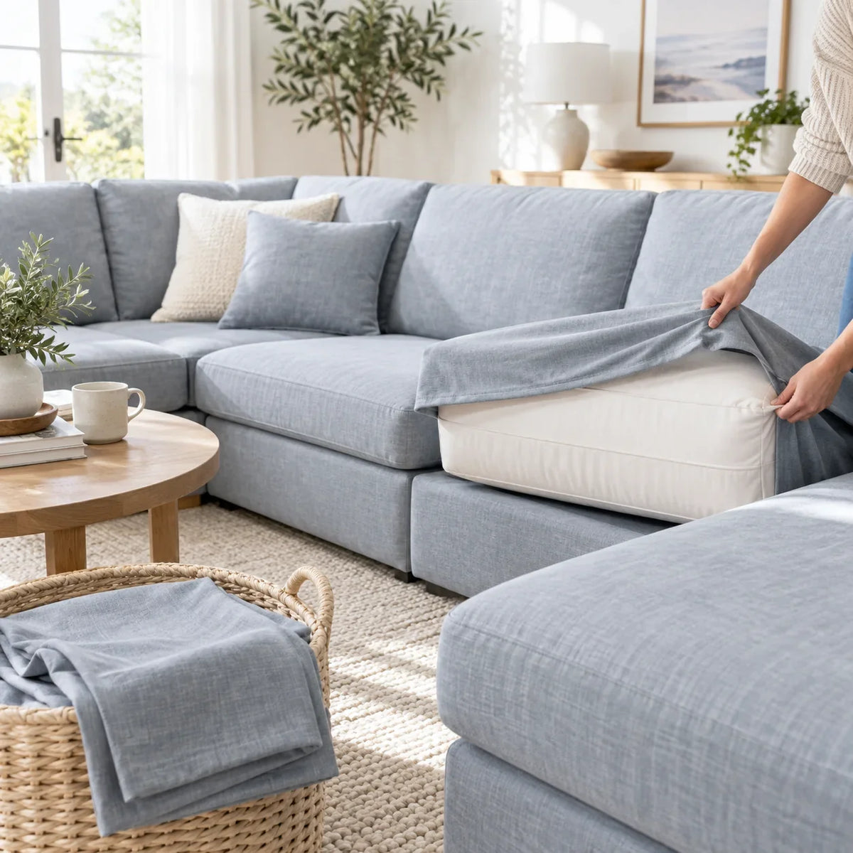 Removable washable sectional cushion cover being fitted after cleaning
