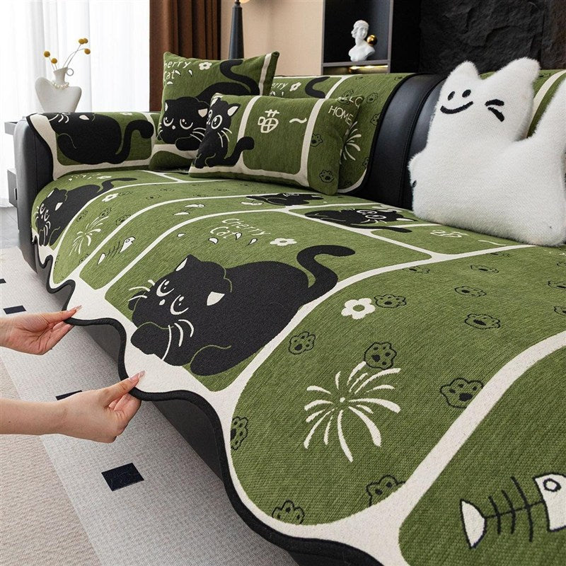 OHSIO Chenille Cat Print Sofa Cover – Non-Slip Couch Protector