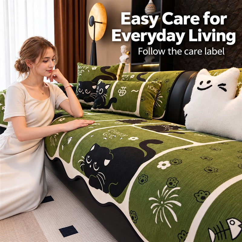 OHSIO Chenille Cat Print Sofa Cover – Non-Slip Couch Protector