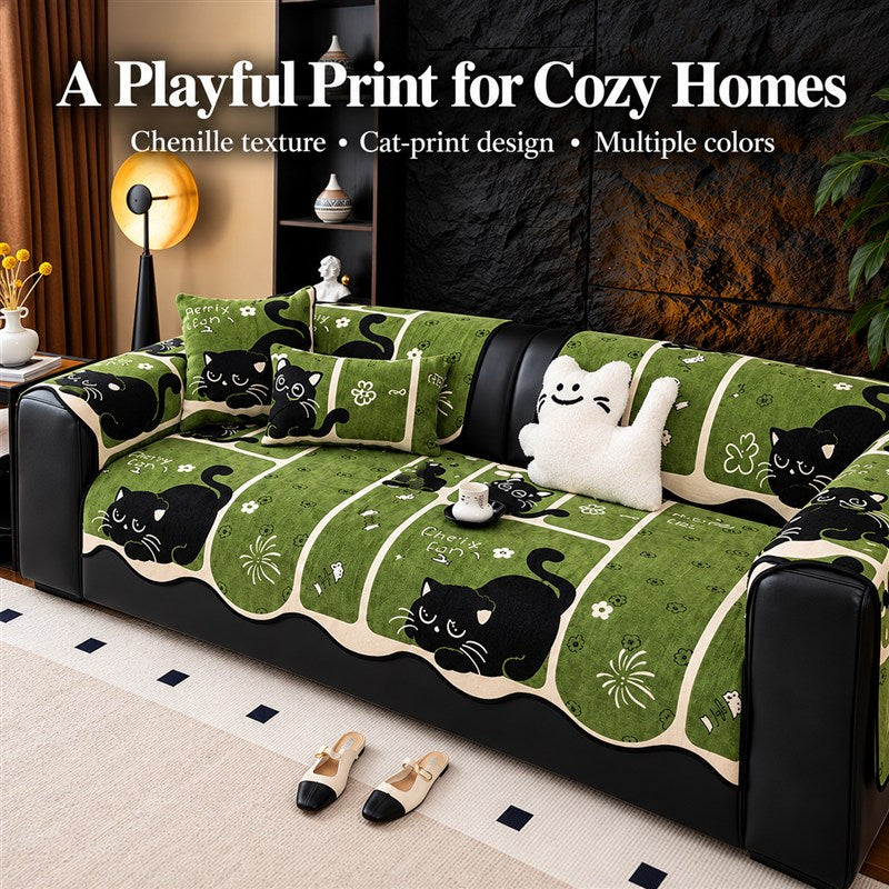OHSIO Chenille Cat Print Sofa Cover – Non-Slip Couch Protector