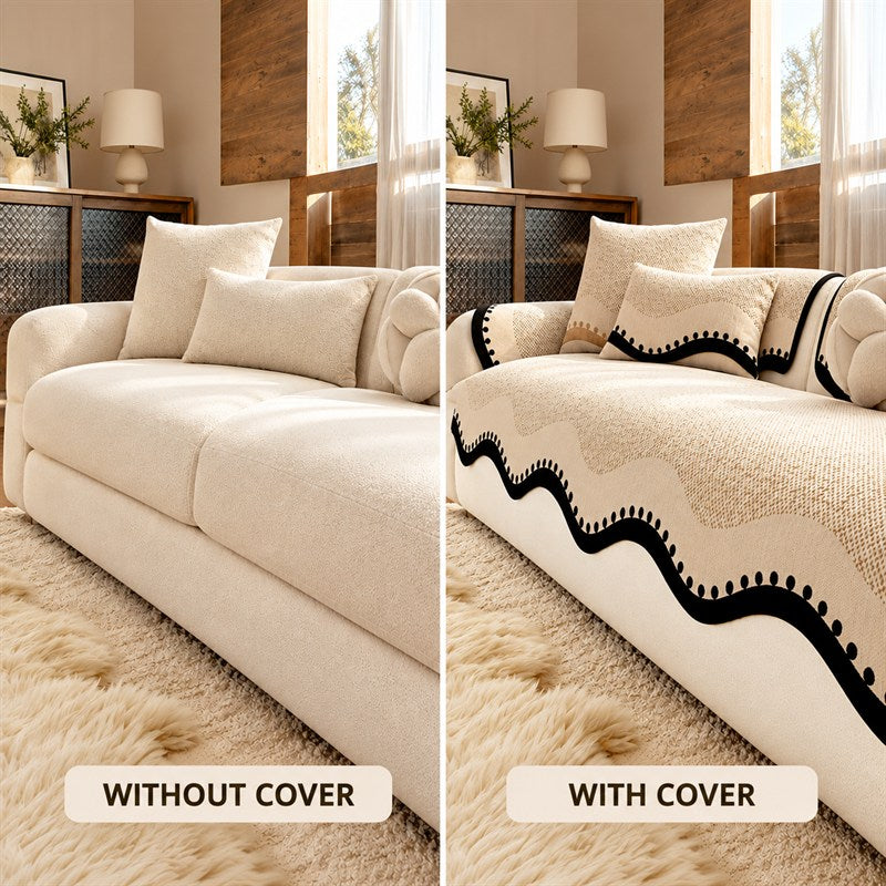 Before and after sofa refresh with a scalloped chenille cover