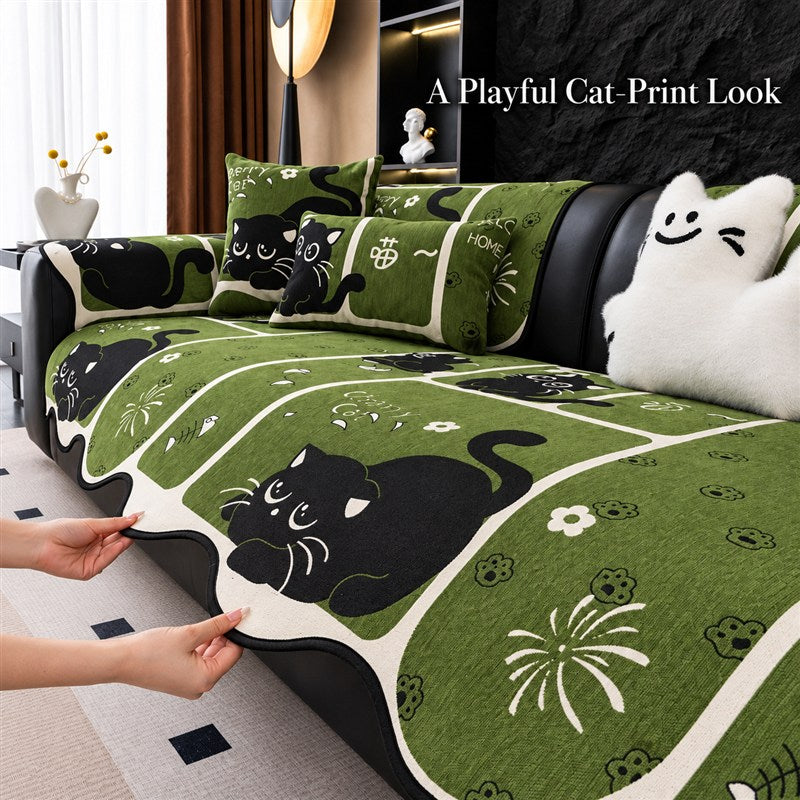 OHSIO Chenille Cat Print Sofa Cover – Non-Slip Couch Protector
