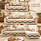 Scalloped chenille sofa cover shown on different sofa styles