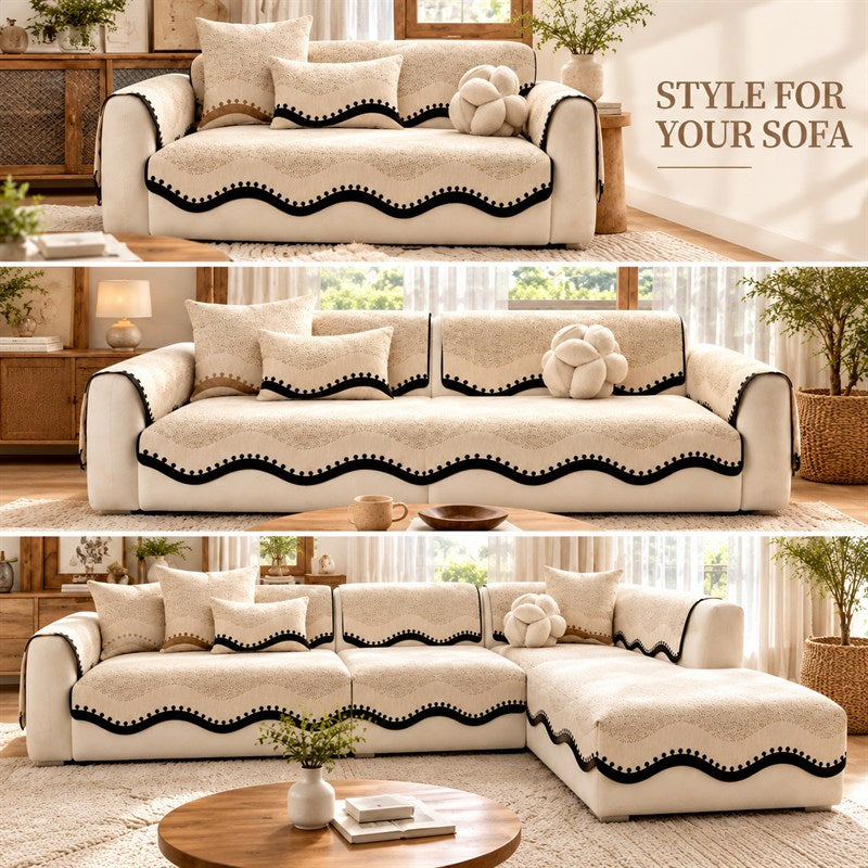 Scalloped chenille sofa cover shown on different sofa styles