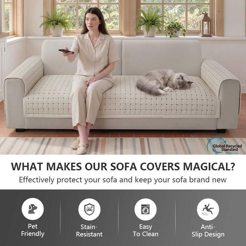 OHSIO Quilted Cotton-Linen Sofa Seat & Armrest Covers with Pockets