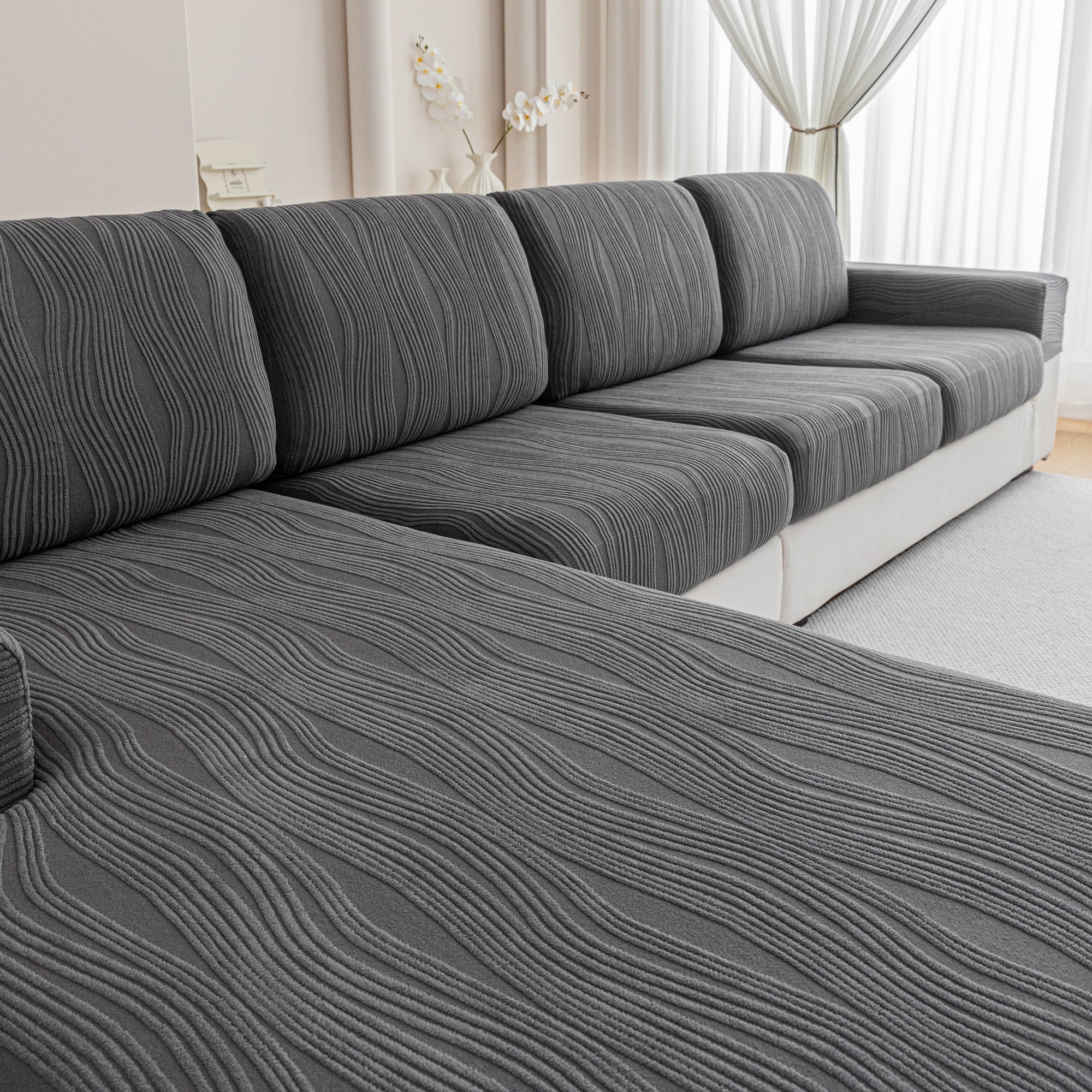 导OHSIO Couch Cushion Covers, Super Stretch Washable Sofa Slipcovers for L Shaped & Modular Seats, Pet-Friendly Furniture Protector with Stripe Design