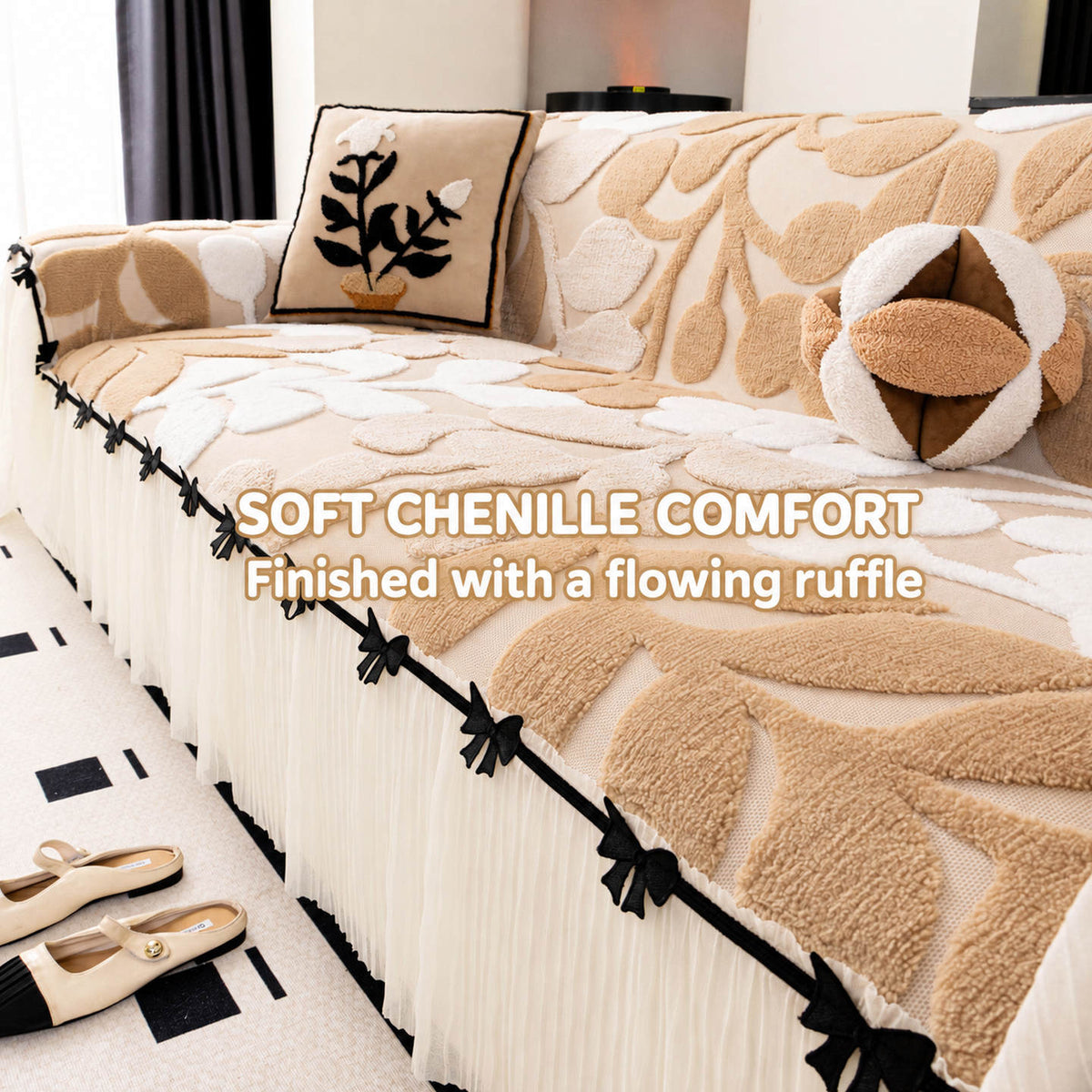 OHSIO Plush Sofa Cover with French Ruffle Skirt & Decorative Bows