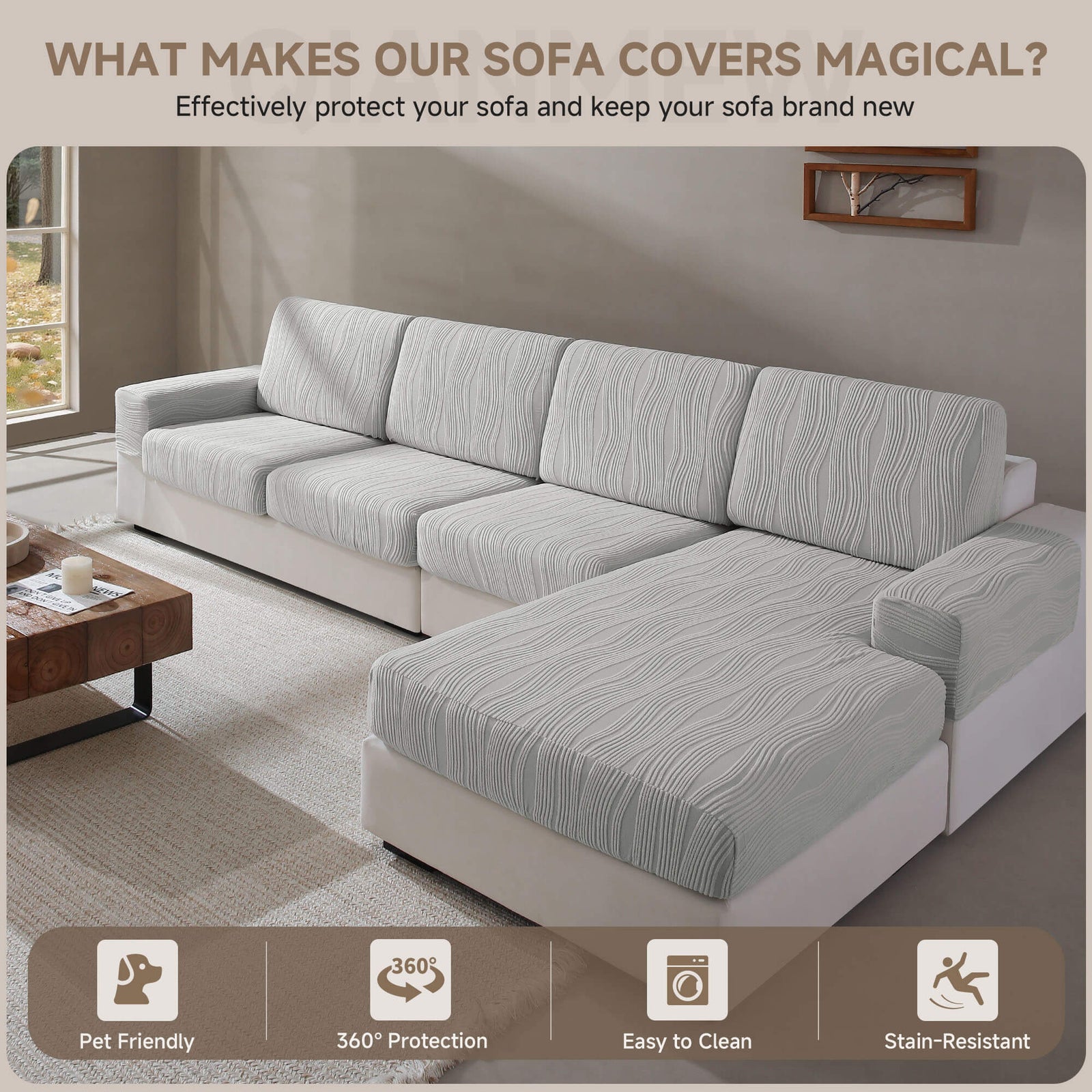 OHSIO Stripe Stretch Sectional Sofa Cushion Cover by OHSIO