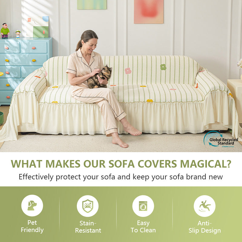 OHSIO Hualuo Floral Stripe Sofa Throw Cover – Washable Non-Slip Couch Protector