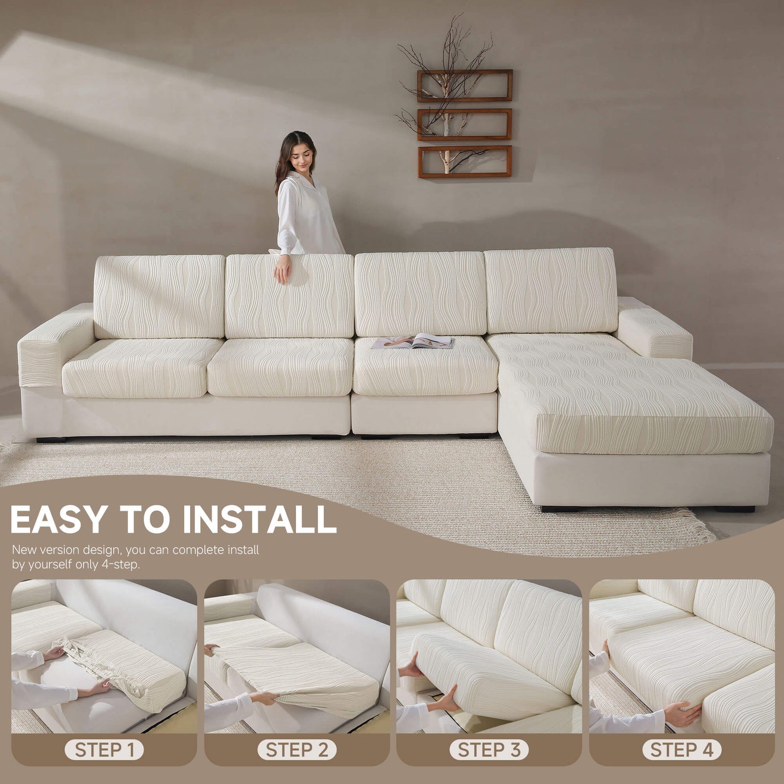 OHSIO Stripe Stretch Sectional Sofa Cushion Cover - easy installation