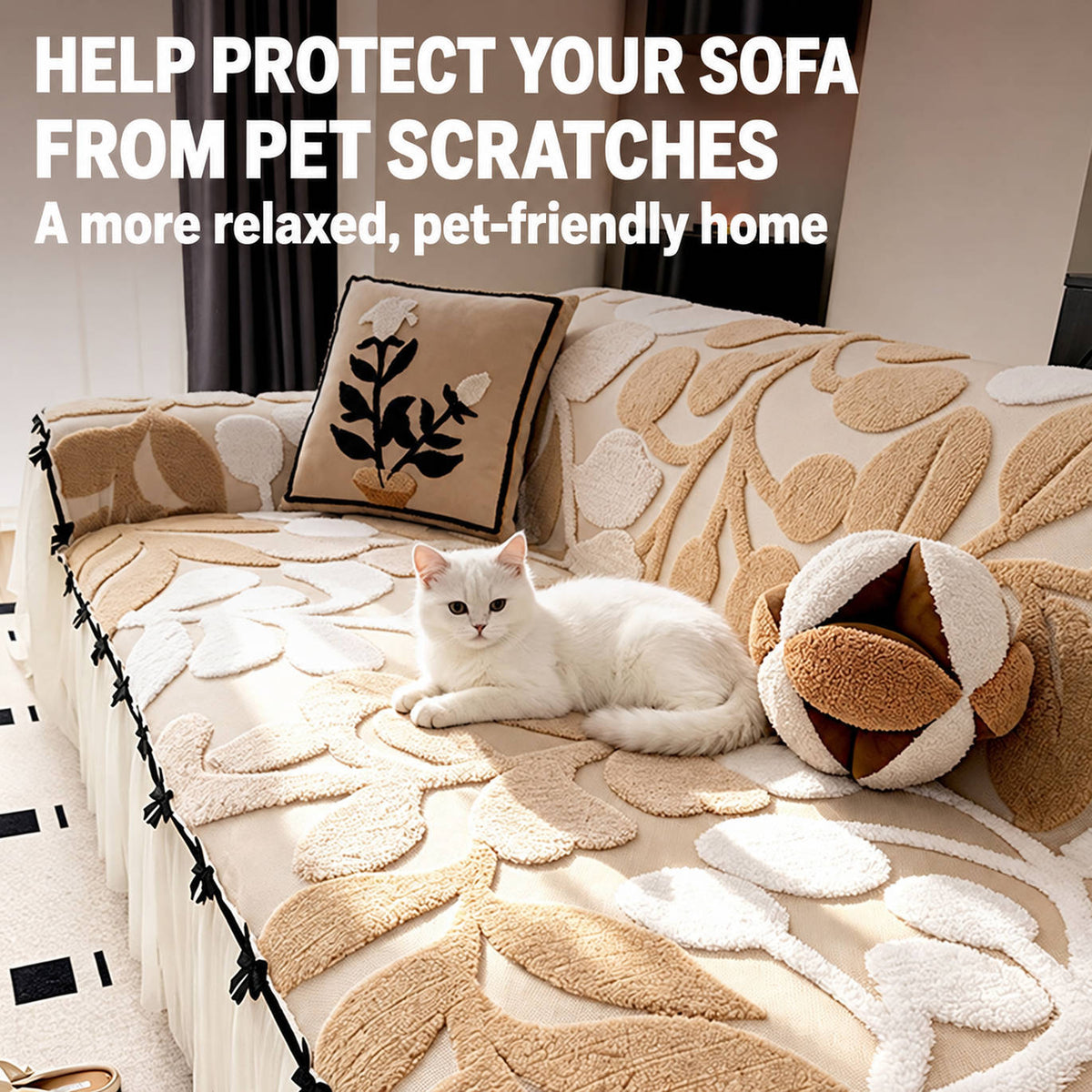 OHSIO Plush Sofa Cover with French Ruffle Skirt & Decorative Bows