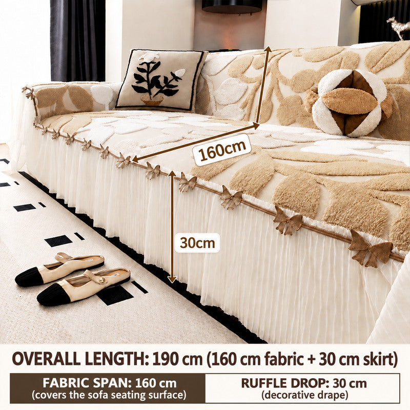 OHSIO Plush Sofa Cover with French Ruffle Skirt & Decorative Bows