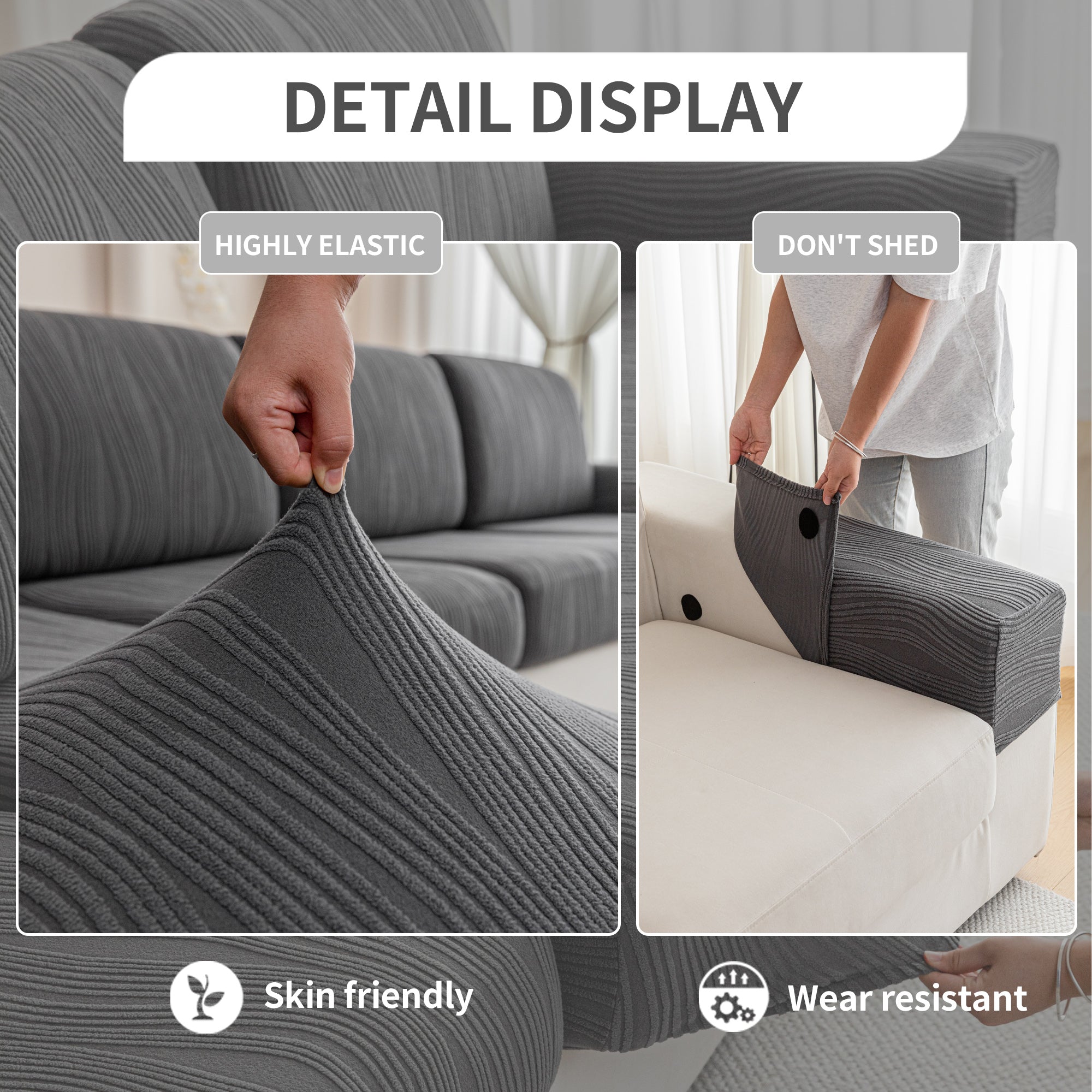 导OHSIO Couch Cushion Covers, Super Stretch Washable Sofa Slipcovers for L Shaped & Modular Seats, Pet-Friendly Furniture Protector with Stripe Design