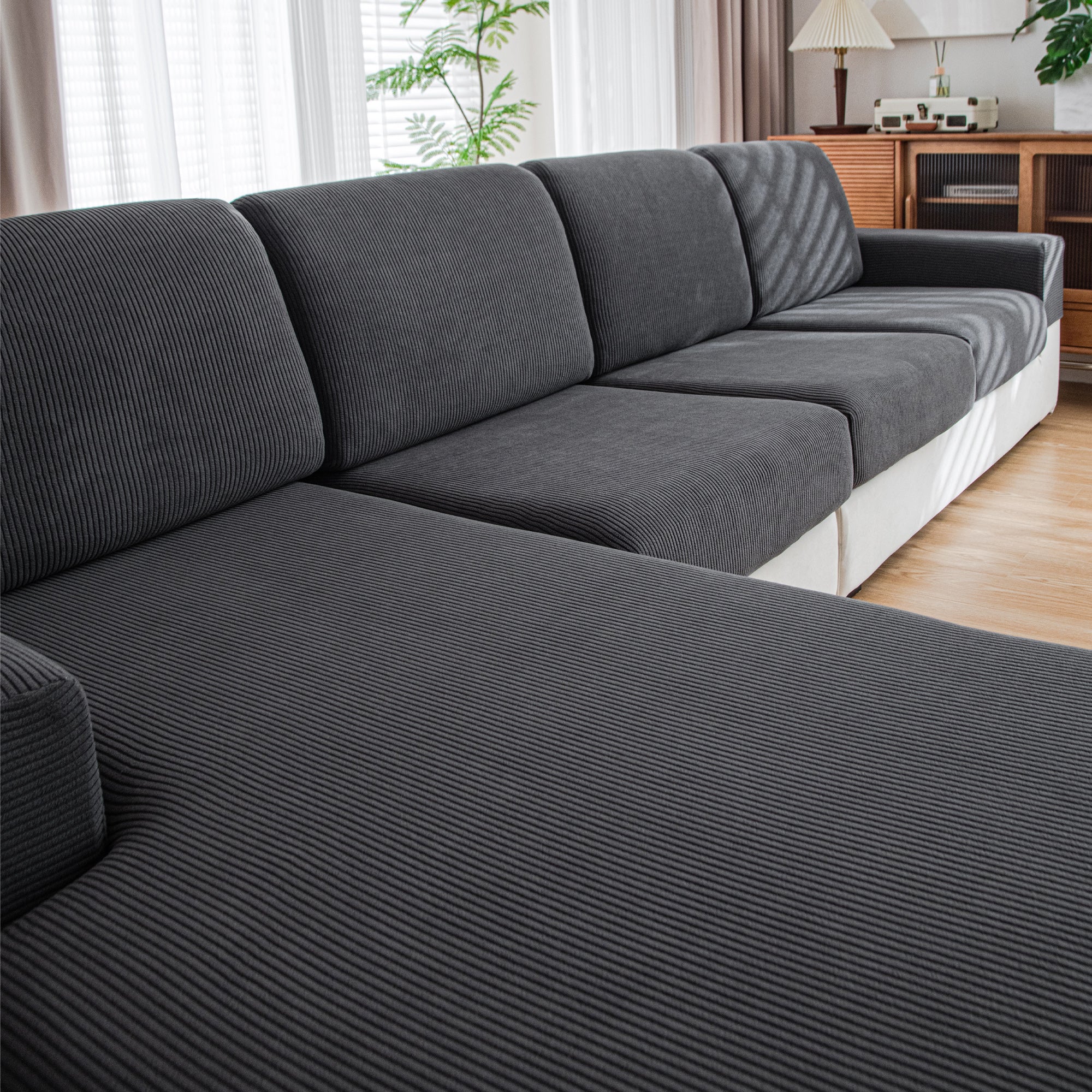 OHSIO Couch Cushion Covers, Comfort Soft Magic Sofa Covers Washable Stretch Resistant Slipcovers for Sectional and L Shaped Seats Furniture Protectors for Pets