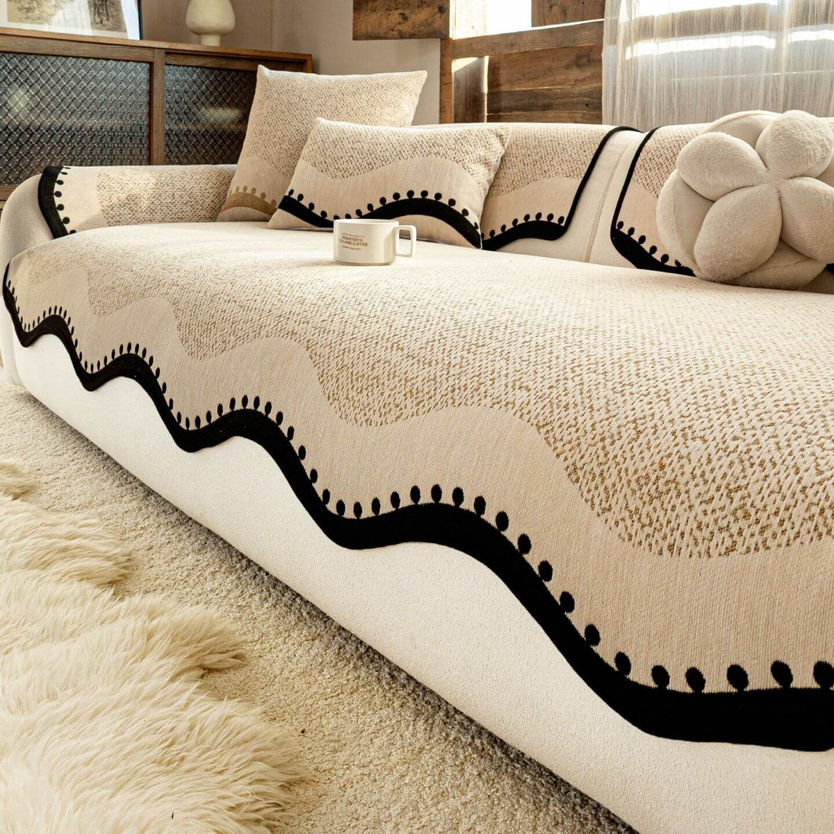 OHSIO Scalloped Chenille Sofa Cover – Washable Non-Slip Cushion Throw