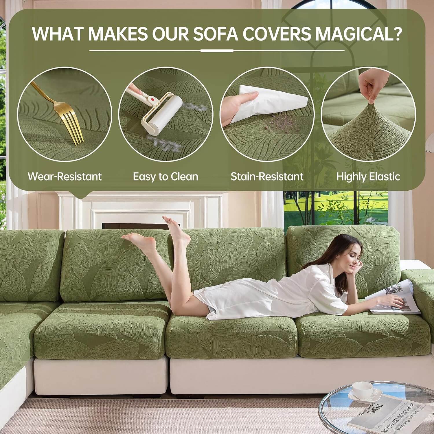OHSIO Leaf-Texture Stretch Sectional Cushion Cover - pet-friendly furniture protection