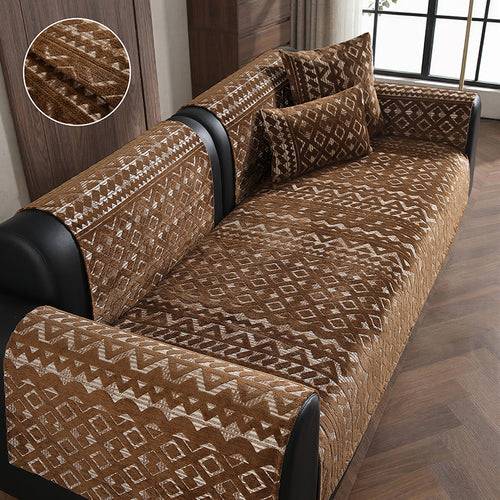 OHSIO 300GSM Geometric Chenille Non-Slip Sofa Cover - Deep Coffee Brown Ethnic Jacquard, 27.56 x 27.56 in sofa cover