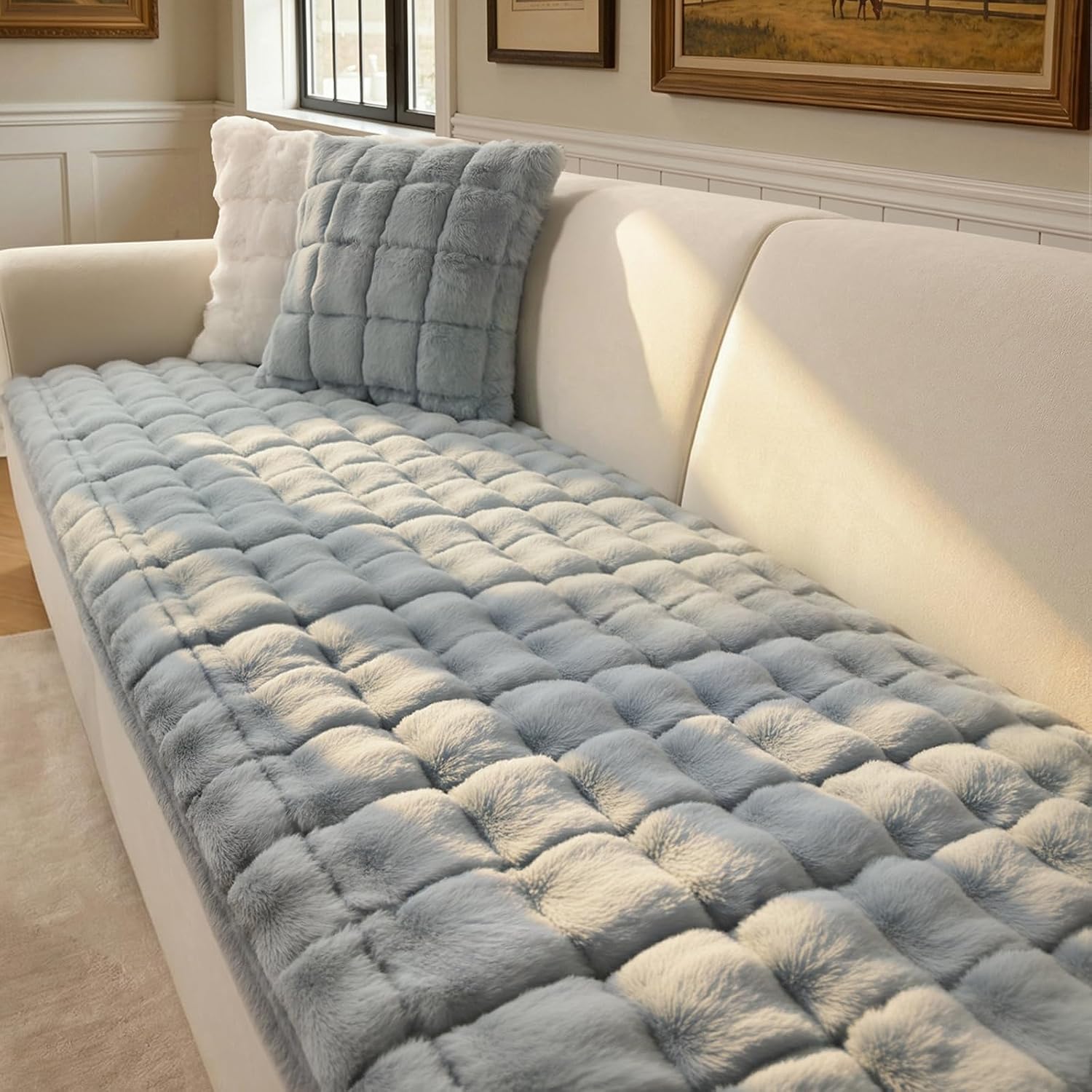 OHSIO Faux Rabbit Fur Pet Couch Cover Non-Slip Sofa Slipcover