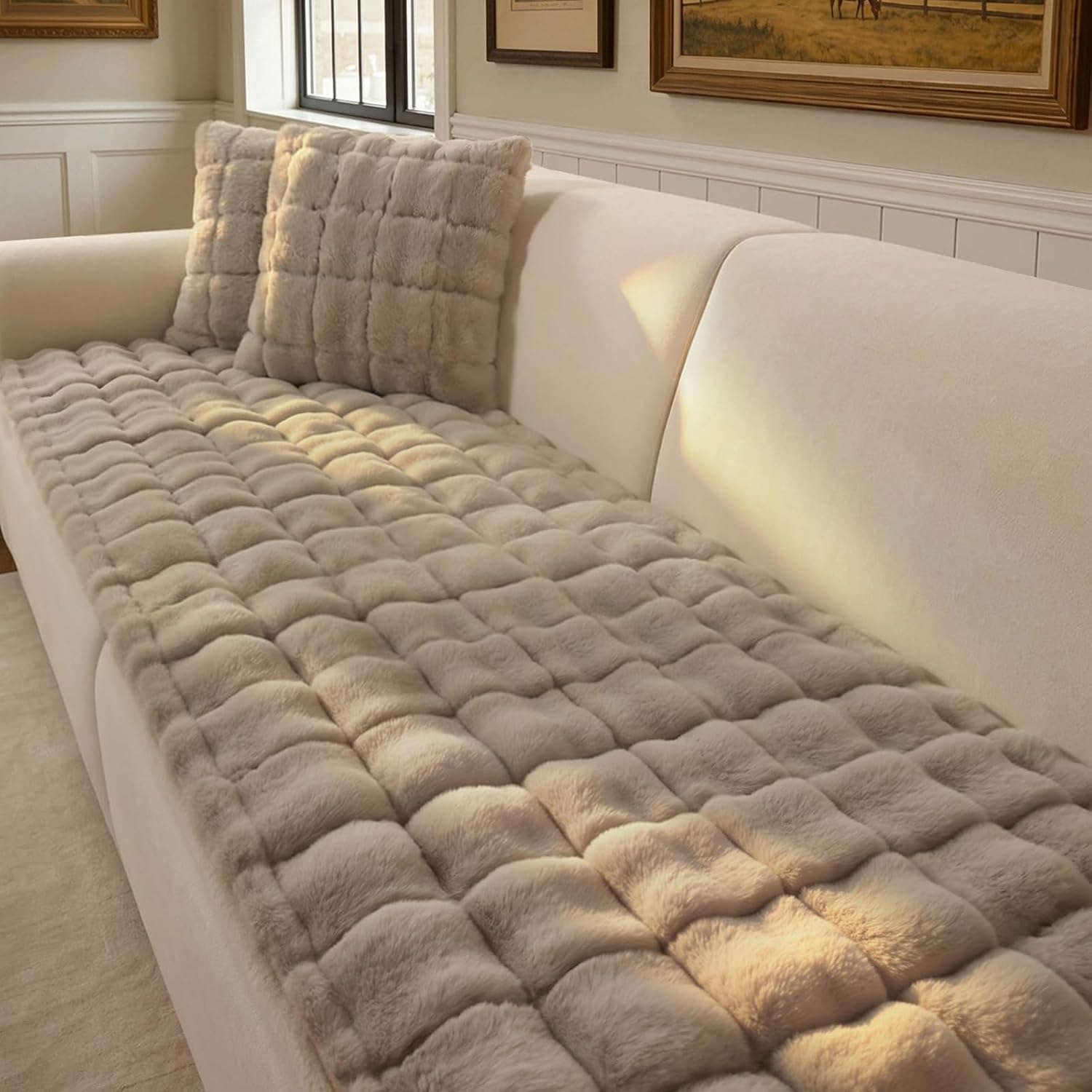 OHSIO Faux Rabbit Fur Pet Couch Cover Non-Slip Sofa Slipcover