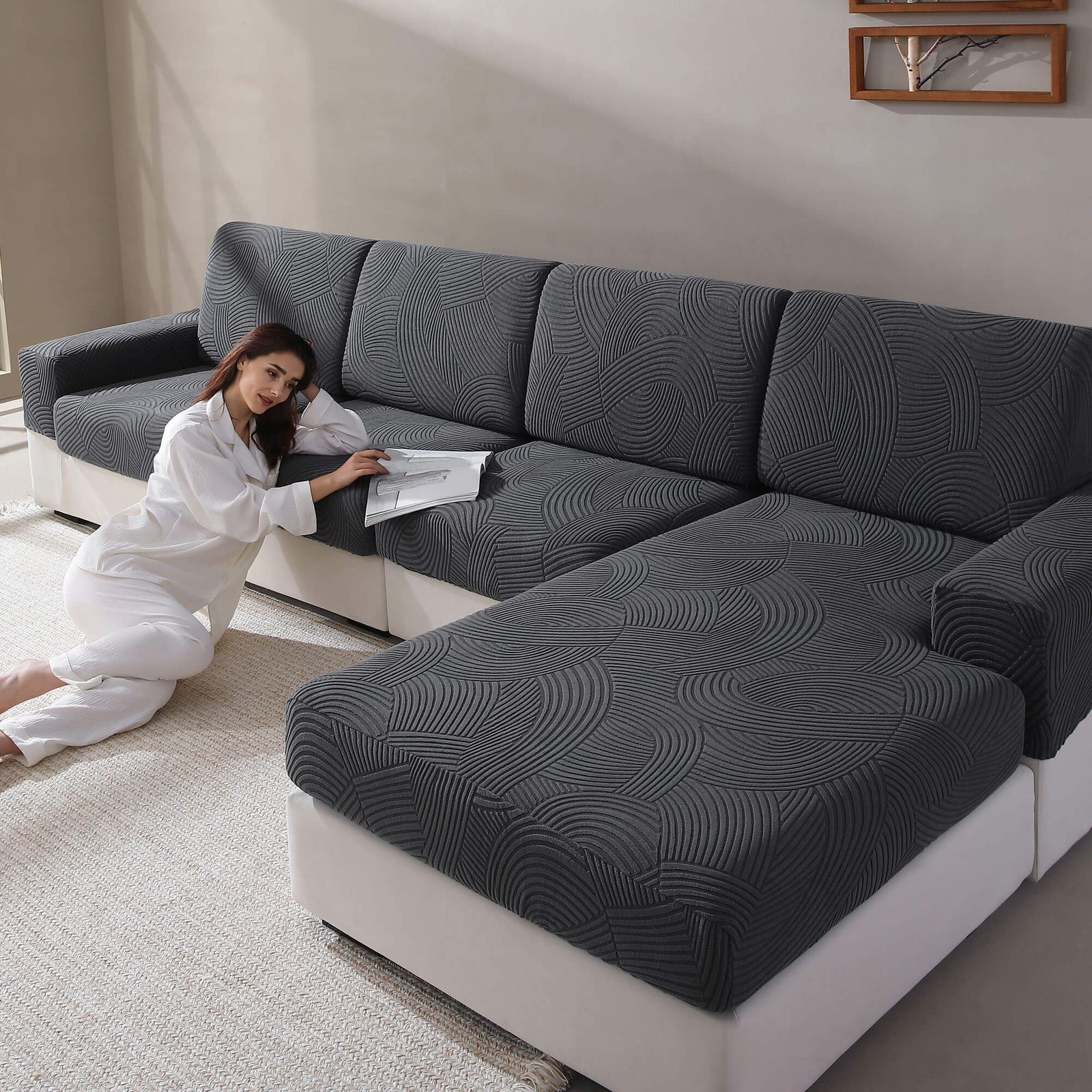 Thick Fleece Modular Sofa Cushion Cover - Pet Friendly Washable Slipcover - stretch fabric and texture detail