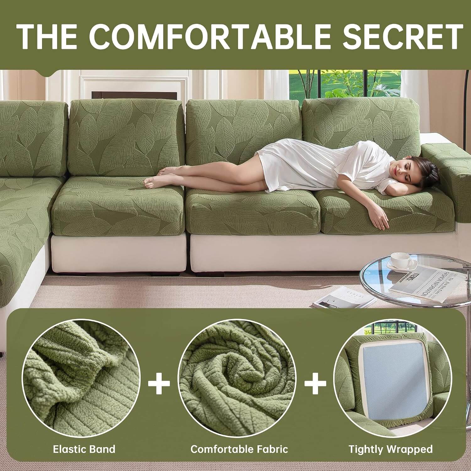 OHSIO Leaf-Texture Stretch Sectional Cushion Cover - machine-washable care