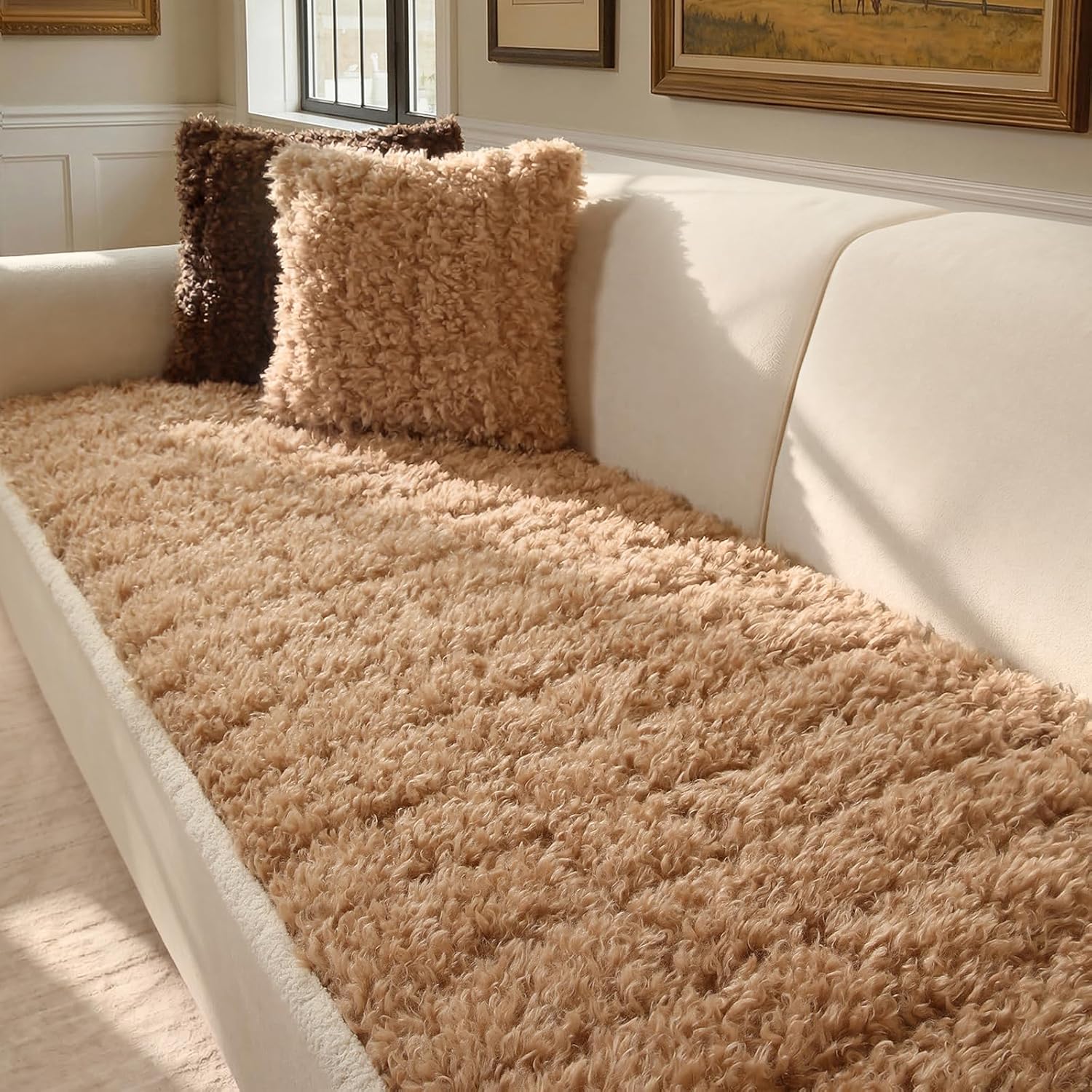 OHSIO Teddy Fleece Non-Slip Pet Couch Cover - Light Brown, 27.6″ × 59″ sofa cover