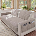 OHSIO Quilted Cotton-Linen Sofa Seat & Armrest Covers with Pockets