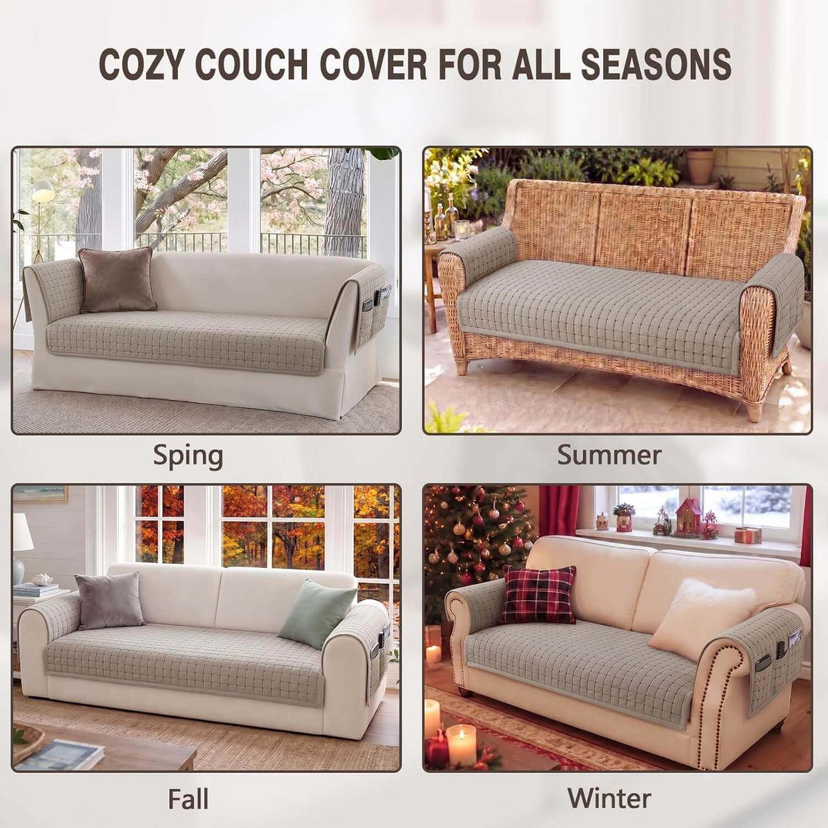 OHSIO Quilted Cotton-Linen Sofa Seat & Armrest Covers with Pockets
