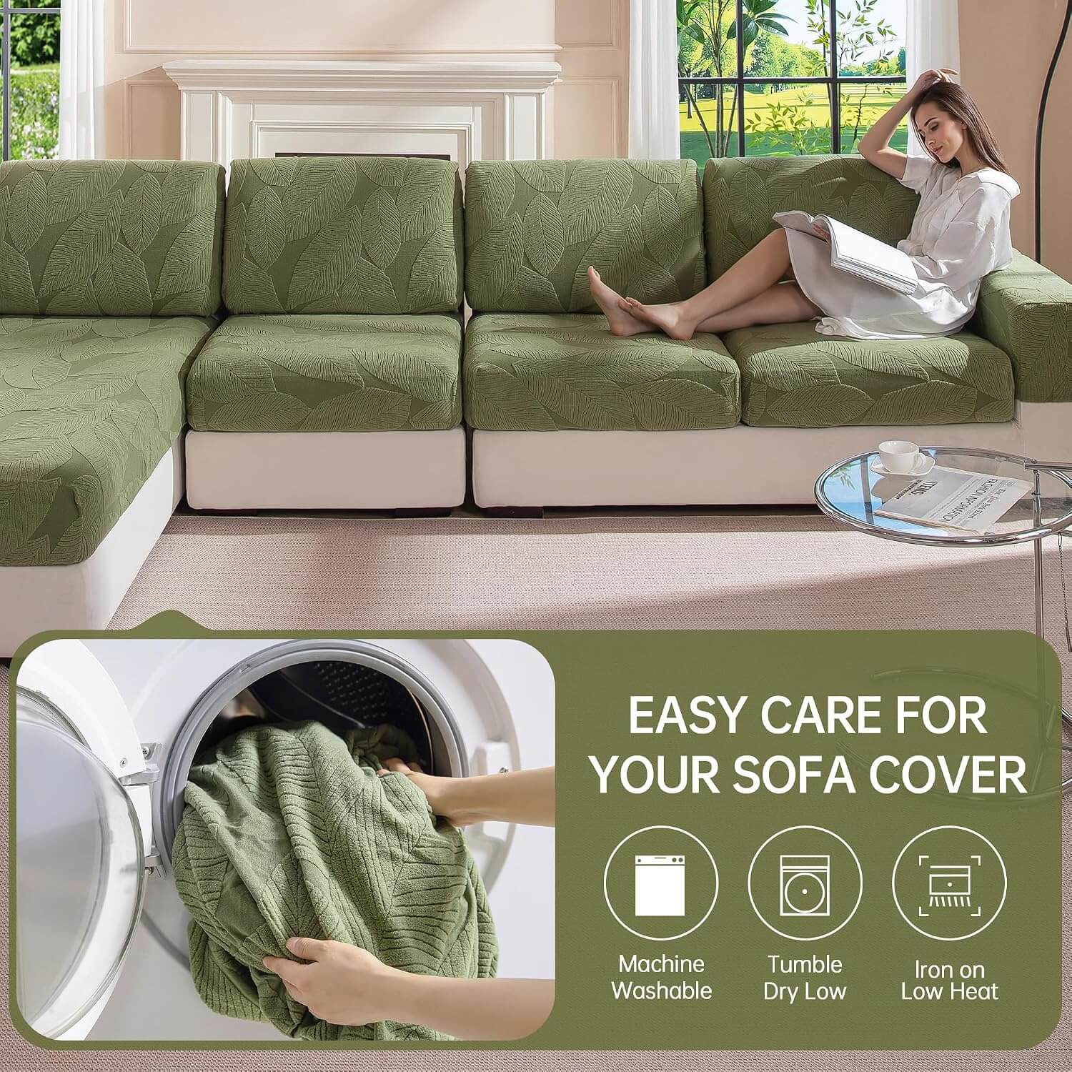 OHSIO Leaf-Texture Stretch Sectional Cushion Cover - easy installation