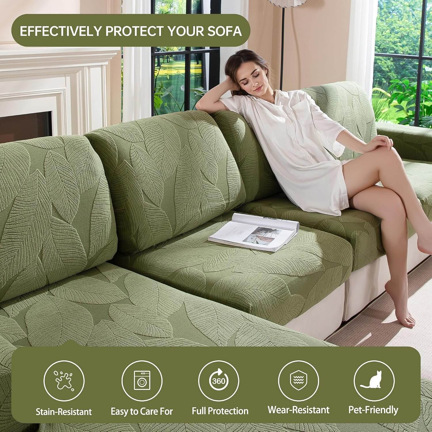 OHSIO Leaf-Texture Stretch Sectional Cushion Cover - stretch fabric and texture detail
