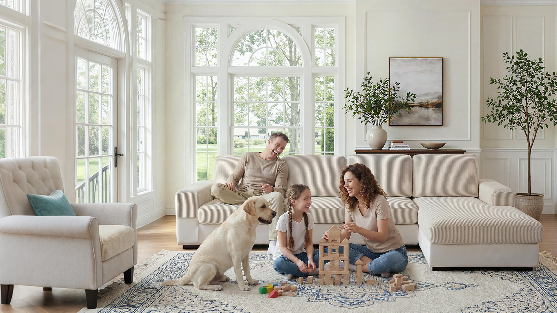 Family enjoying a sofa protected with OHSIO cushion covers