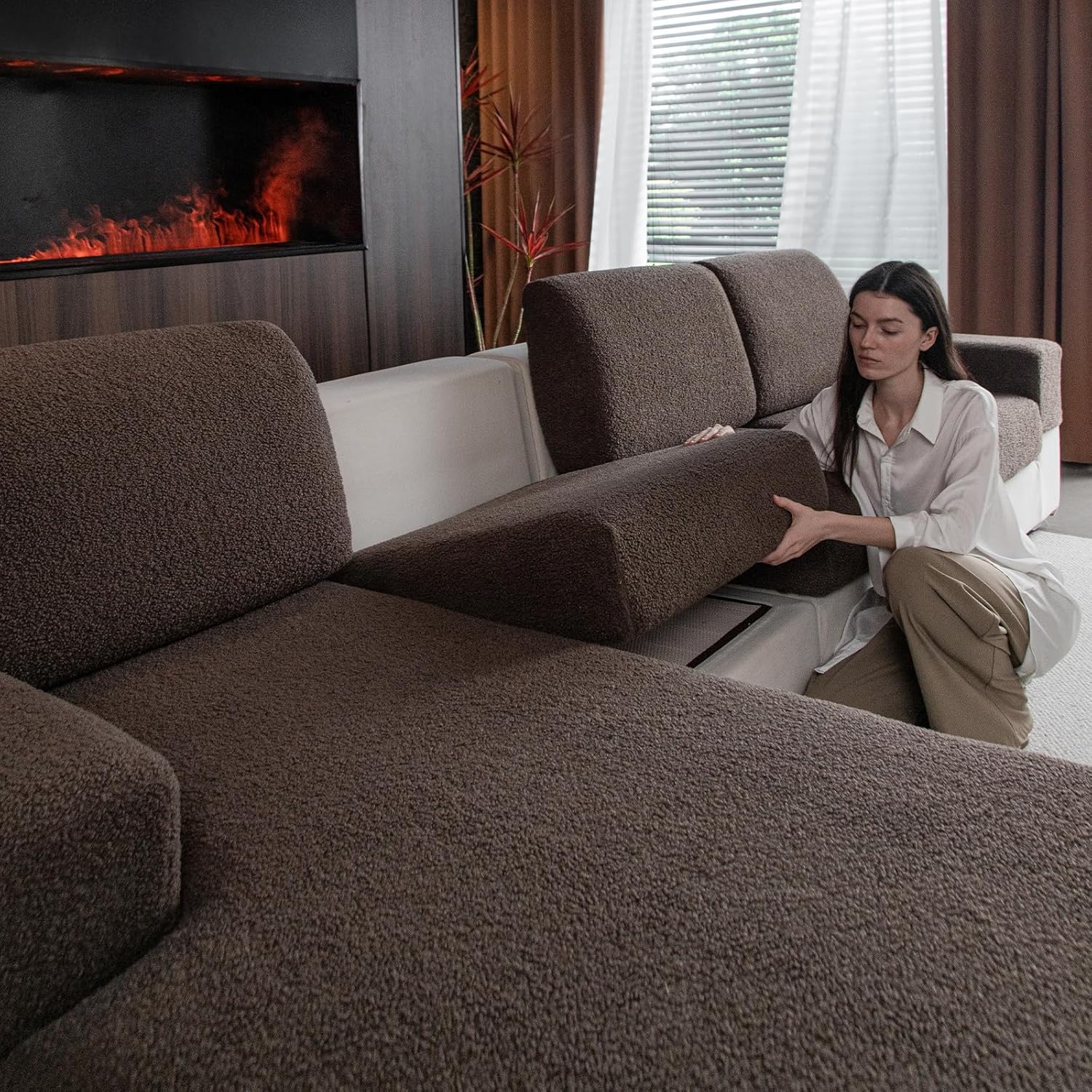OHSIO Stretch Polar Fleece Sectional Cushion Covers - machine-washable care
