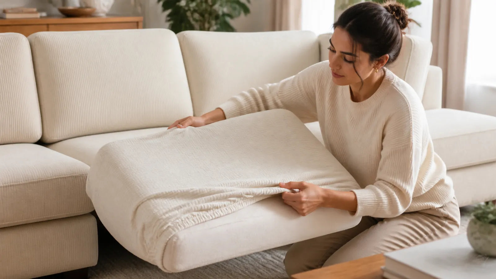 Installing an OHSIO stretch cover on a removable sofa cushion