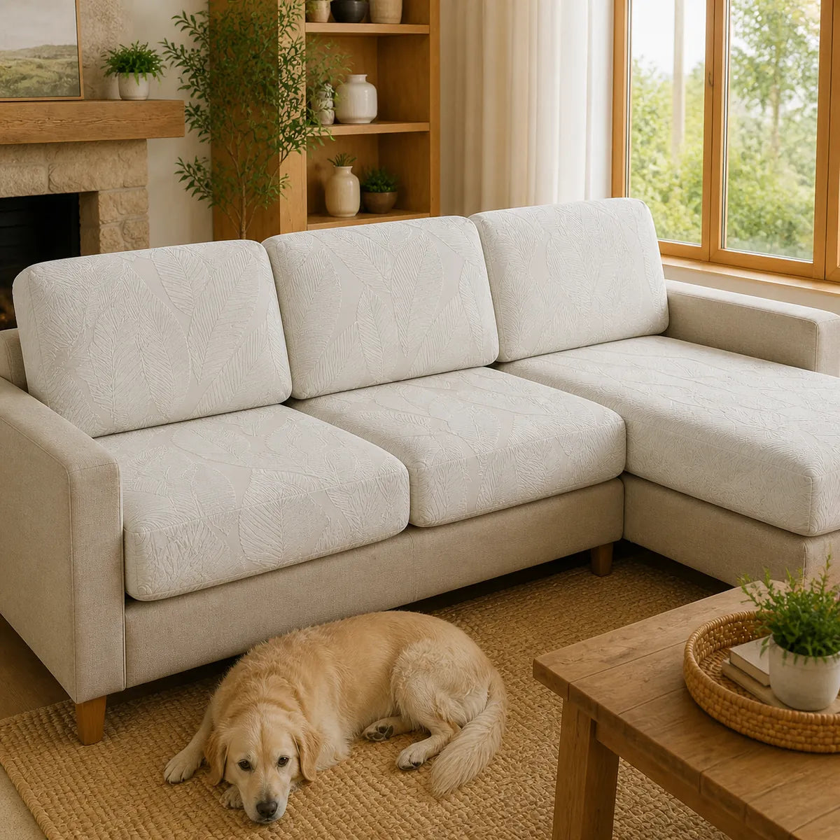 Warm living room with OHSIO covers fitted to removable sofa cushions