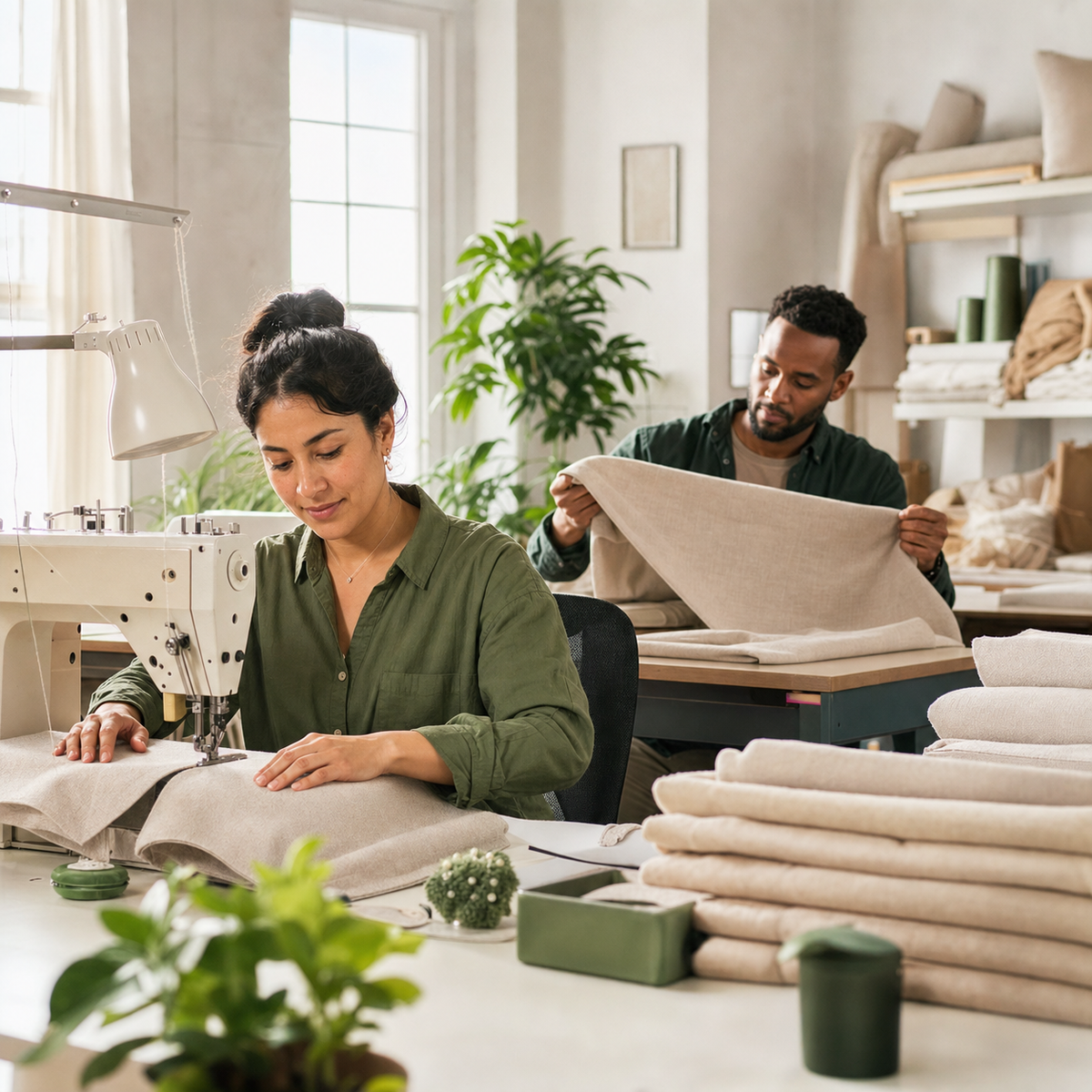 Skilled textile workers in a bright and organized workshop