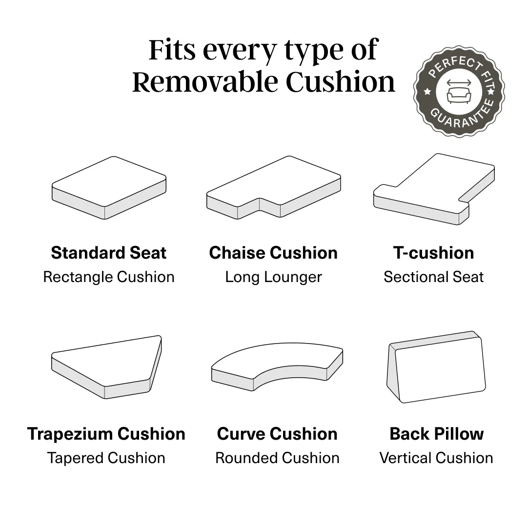 Removable cushion cover fit guide for standard, chaise, T-shaped, trapezium, curved and back cushions